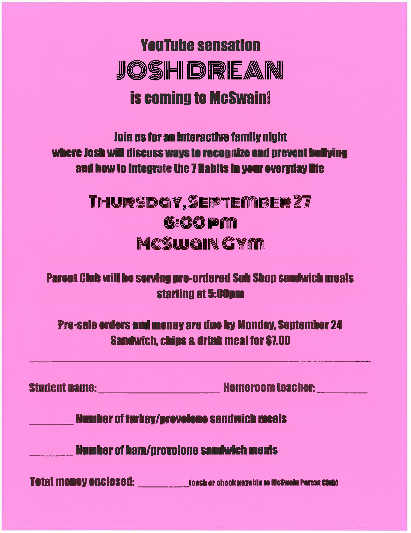 Josh Drean Family Night and meal order form